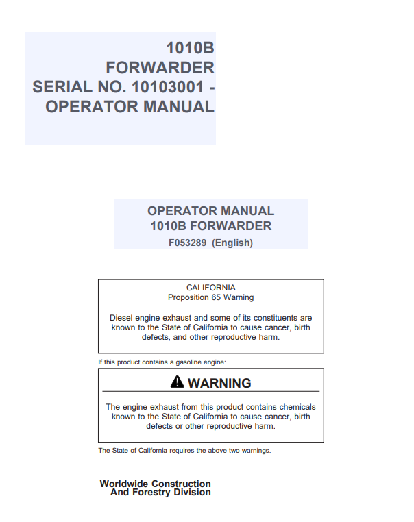 JOHN DEERE 1010B FORWARDER OPERATOR MANUAL F053289