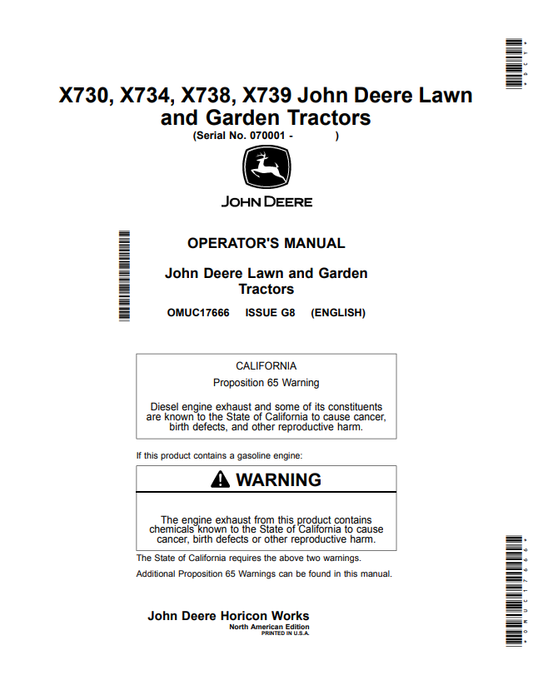 JOHN DEERE X730, X734, X738, X739 LAWN AND GARDEN TRACTOR OPERATOR MANUAL OMUC17666