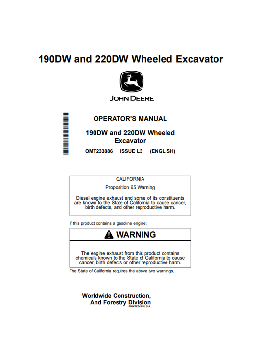 JOHN DEERE 190DW AND 220DW WHEELED EXCAVATOR OPERATOR MANUAL OMT233886