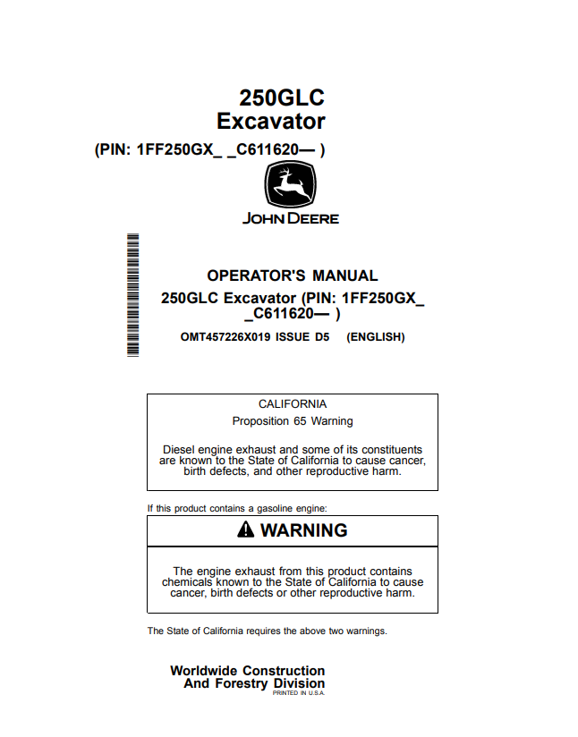 JOHN DEERE 250GLC EXCAVATOR OPERATOR MANUAL OMT457226X019