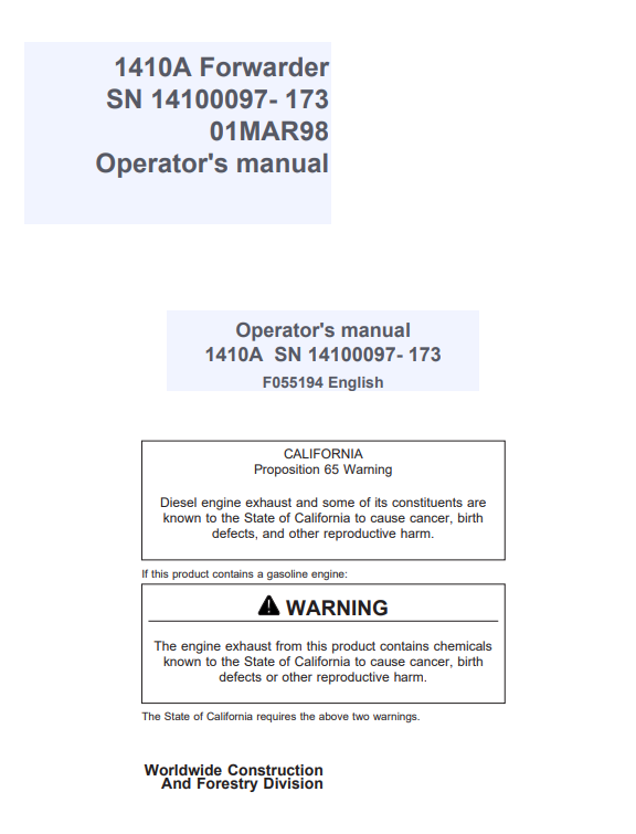 JOHN DEERE 1410A FORWARDER OPERATOR MANUAL F055194