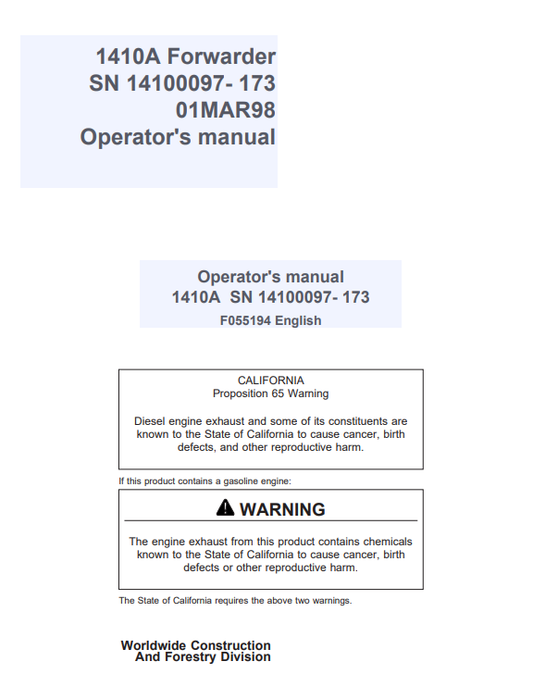 JOHN DEERE 1410A FORWARDER OPERATOR MANUAL F055194