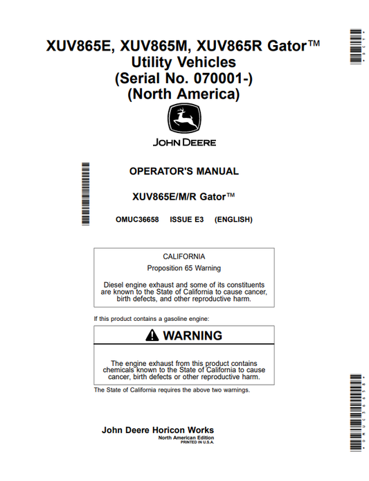 JOHN DEERE XUV865E, XUV865M, XUV865R GATOR™ UTILITY VEHICLES OPERATOR MANUAL OMUC36658