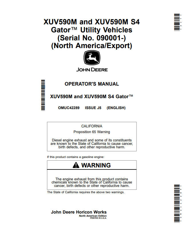 JOHN DEERE XUV590M AND XUV590M S4 GATOR™ UTILITY VEHICLES OPERATOR MANUAL OMUC42289