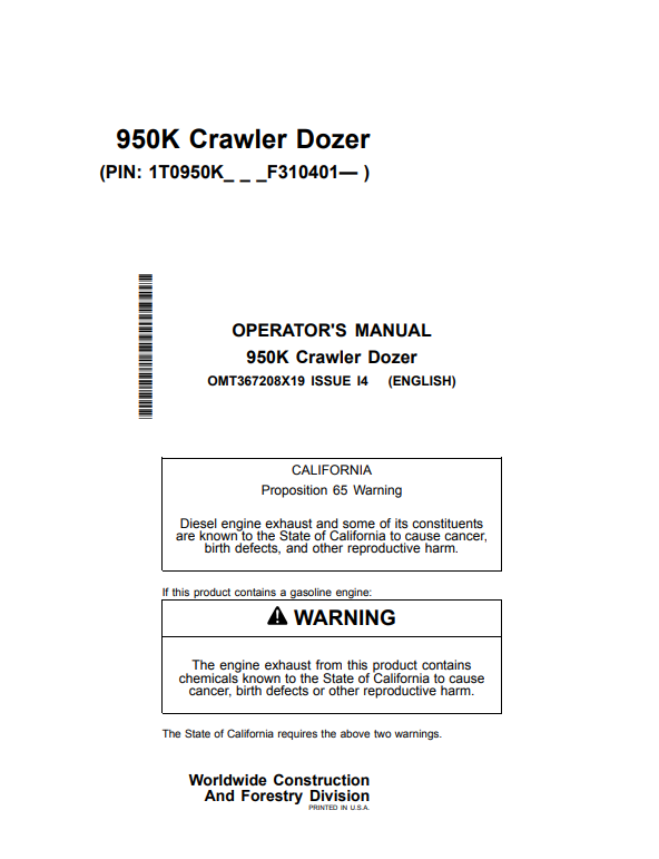 JOHN DEERE 950K CRAWLER DOZER OPERATOR MANUAL OMT367208X19