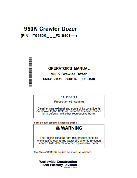 JOHN DEERE 950K CRAWLER DOZER OPERATOR MANUAL OMT367208X19