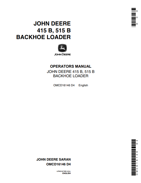 JOHN DEERE 415 B, 515 B BACKHOE LOADER OPERATOR MANUAL OMCD16146