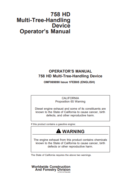 JOHN DEERE 758 HD MULTI-TREE-HANDLING DEVICE OPERATOR MANUAL OMF069890