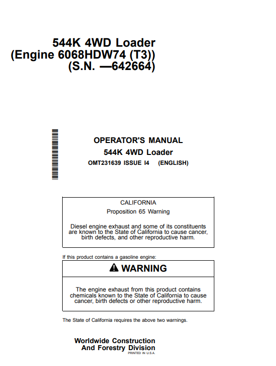 JOHN DEERE 544K 4WD LOADER OPERATOR MANUAL OMT231639