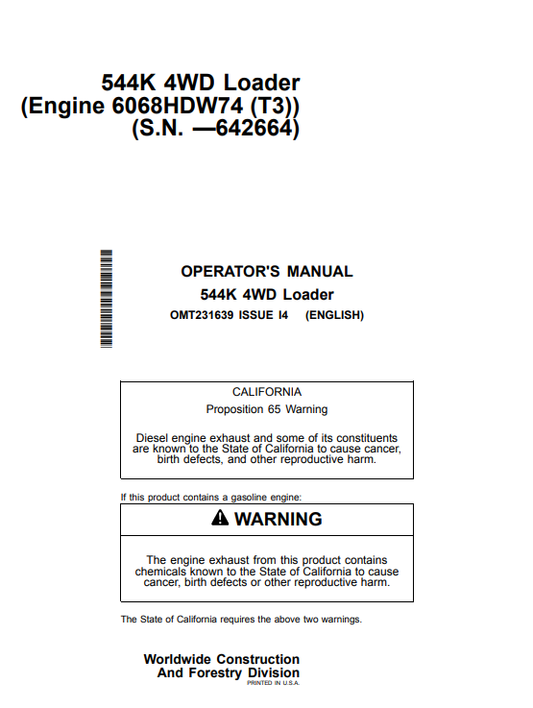 JOHN DEERE 544K 4WD LOADER OPERATOR MANUAL OMT231639