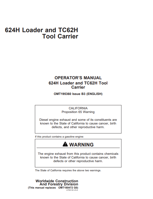 JOHN DEERE 624H LOADER AND TC62H TOOL CARRIER OPERATOR MANUAL OMT195360