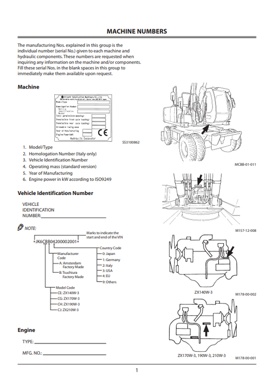 HITACHI ZAXIS 140W-3, 170W-3, 190W-3, 210W-3 WHEELED EXCAVATOR OPERATOR MANUAL EMCGBEN14MD