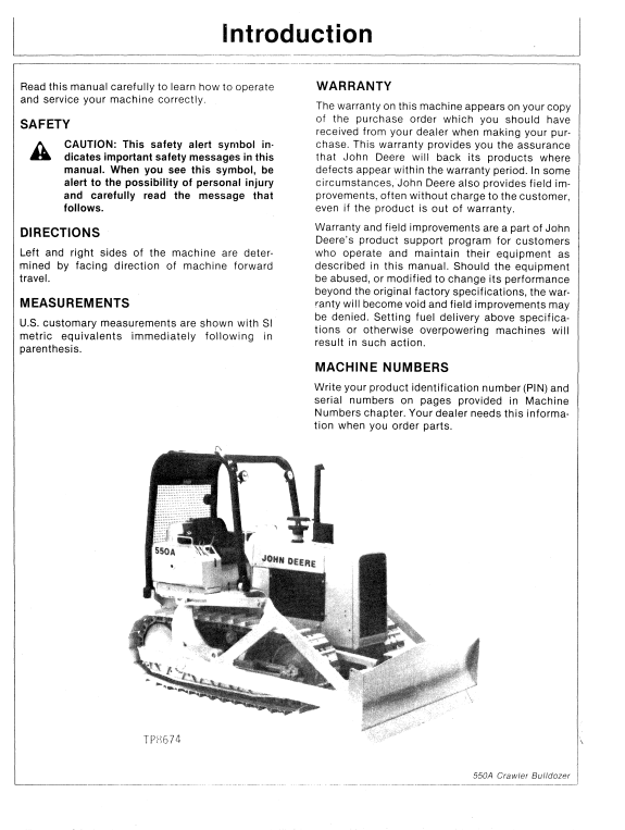 JOHN DEERE 550A CRAWLER BULLDOZER OPERATOR MANUAL OMT75123