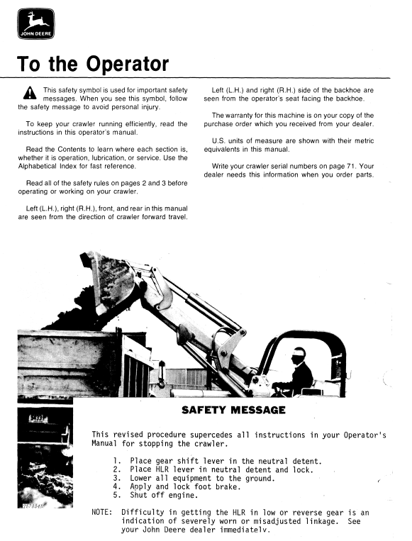 JOHN DEERE JD450-C CRAWLER LOADER OPERATOR MANUAL OMT71337