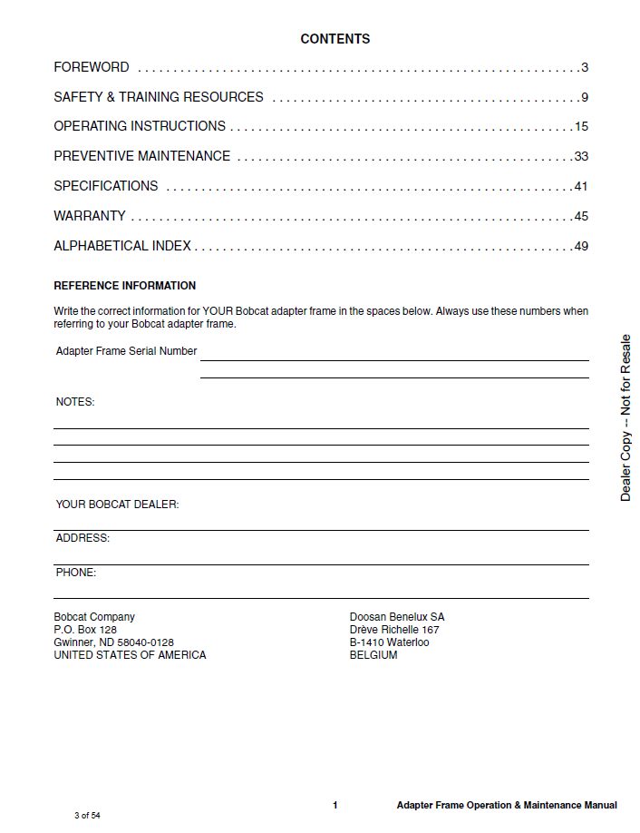 6902350 - BOBCAT ADAPTER FRAME OPERATION AND MAINTENANCE MANUAL PDF