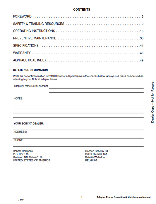 6902350 - BOBCAT ADAPTER FRAME OPERATION AND MAINTENANCE MANUAL PDF