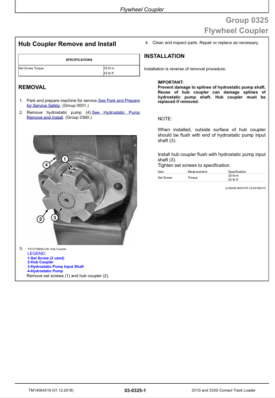 JOHN DEERE 331G, 333G COMACT TRACK LOADER REPAIR MANUAL TM14064X19