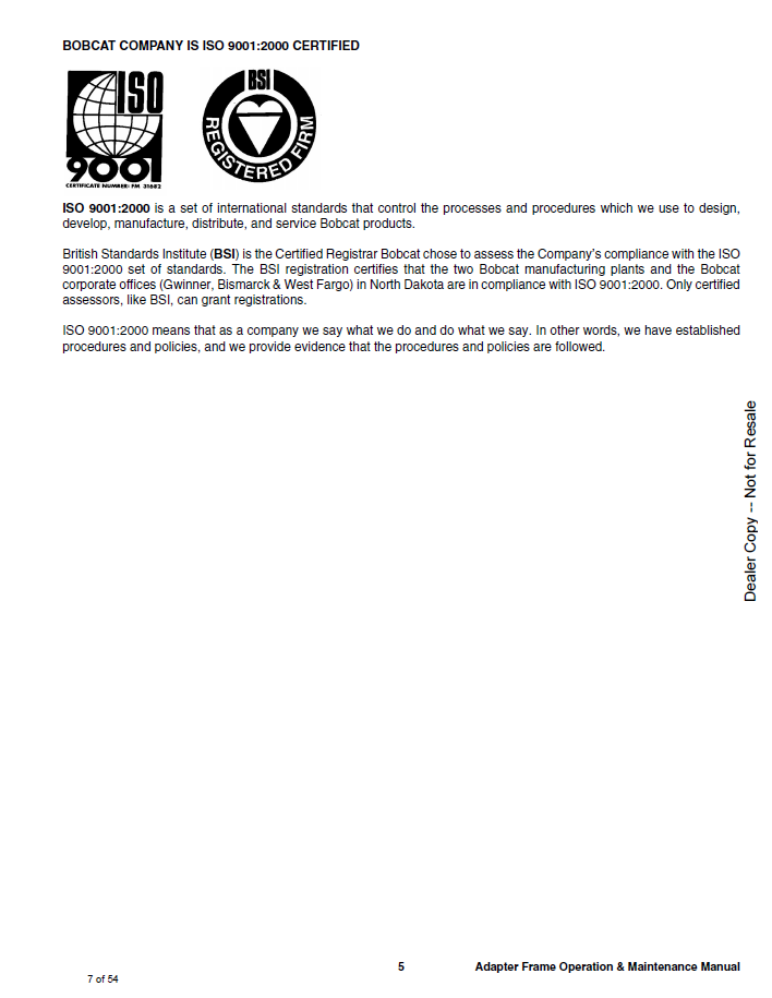 6902350 - BOBCAT ADAPTER FRAME OPERATION AND MAINTENANCE MANUAL PDF
