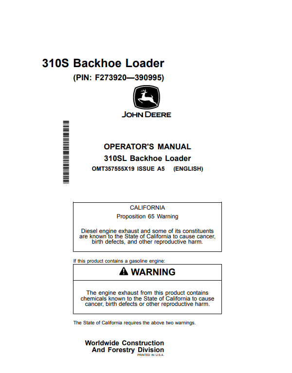 JOHN DEERE 310S BACKHOE LOADER OPERATOR MANUAL OMT357555X19