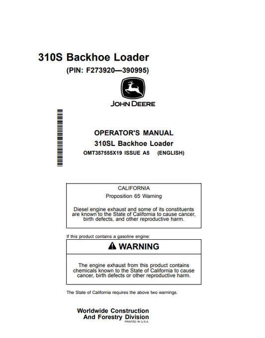 JOHN DEERE 310S BACKHOE LOADER OPERATOR MANUAL OMT357555X19