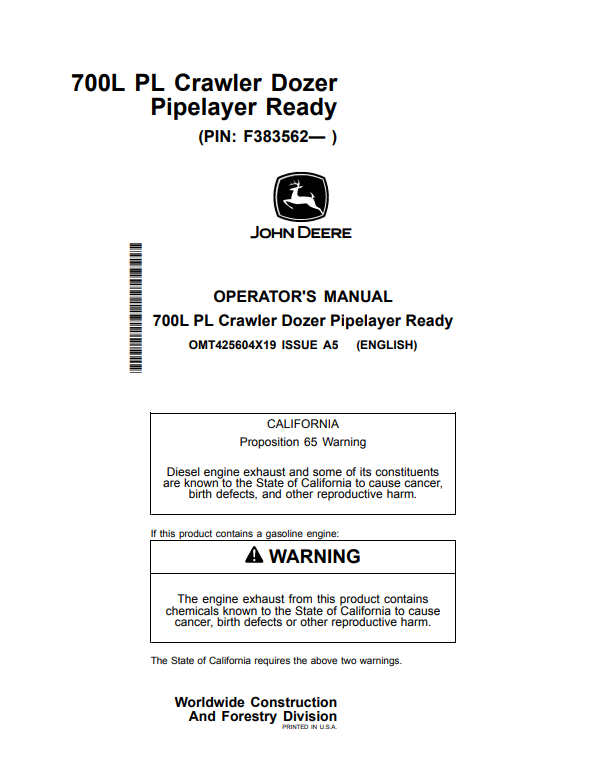 JOHN DEERE 700L PL CRAWLER DOZER PIPELAYER READY OPERATOR MANUAL OMT425604X19
