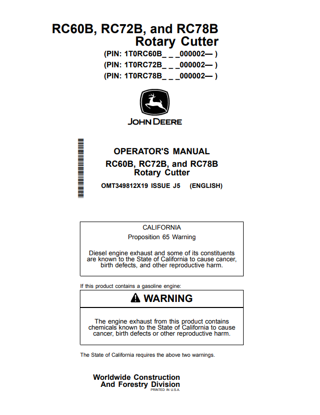 JOHN DEERE RC60B, RC72B, AND RC78B ROTARY CUTTER OPERATOR MANUAL OMT349812X19