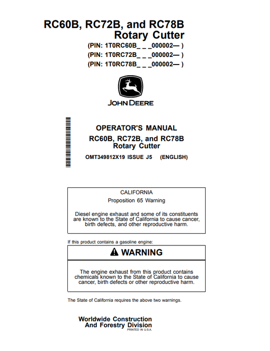 JOHN DEERE RC60B, RC72B, AND RC78B ROTARY CUTTER OPERATOR MANUAL OMT349812X19