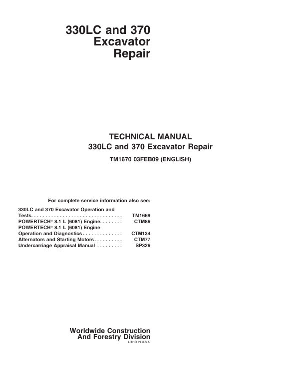 JOHN DEERE 330LC AND 370 EXCAVATOR REPAIR TECHNICAL MANUAL TM1670