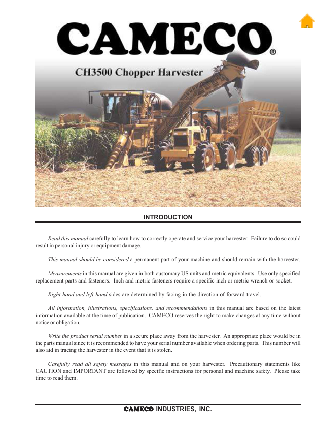 JOHN DEERE CAMECO HARVESTER CH3500 1067 OPERATION & TEST MANUAL