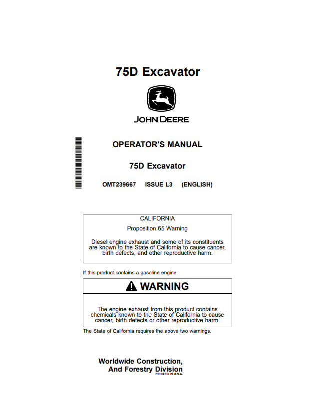JOHN DEERE 75D EXCAVATOR OPERATOR MANUAL OMT239667