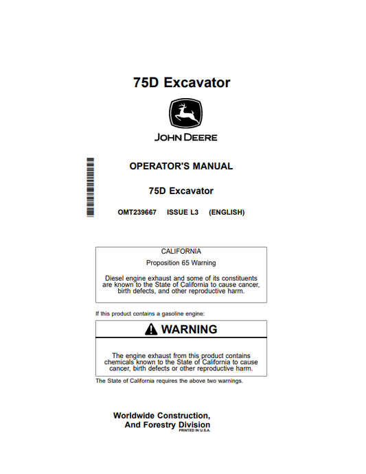 JOHN DEERE 75D EXCAVATOR OPERATOR MANUAL OMT239667