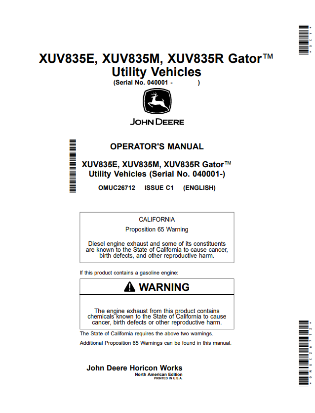 JOHN DEERE XUV835E, XUV835M, XUV835R GATOR™ UTILITY VEHICLES OPERATOR MANUAL OMUC26712