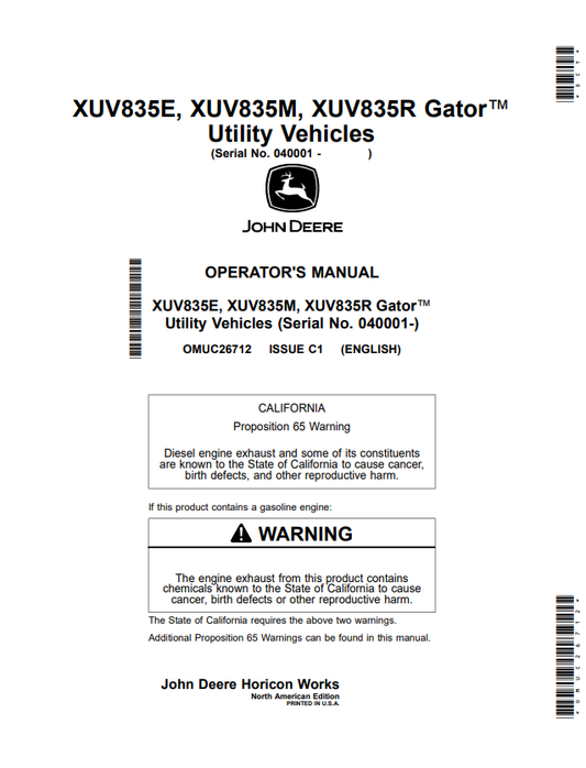 JOHN DEERE XUV835E, XUV835M, XUV835R GATOR™ UTILITY VEHICLES OPERATOR MANUAL OMUC26712