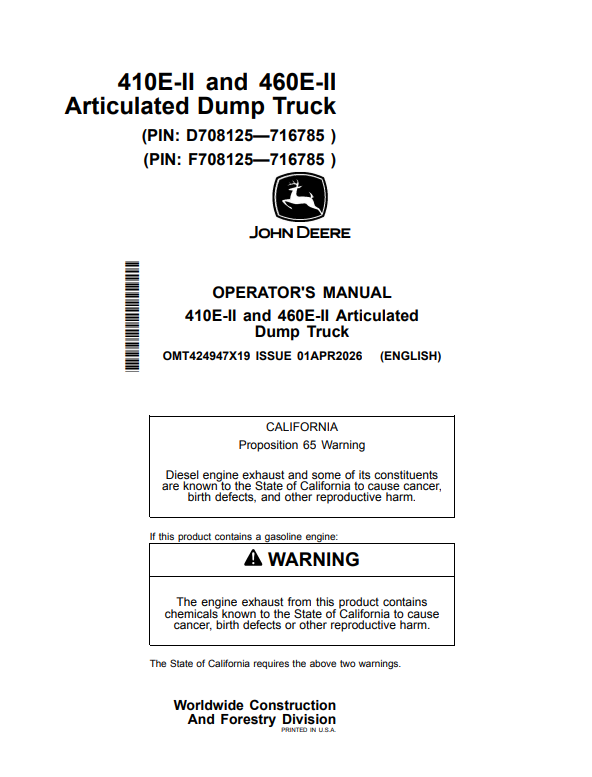 JOHN DEERE 410E-II AND 460E-II ARTICULATED DUMP TRUCK OPERATOR MANUAL OMT424947X19