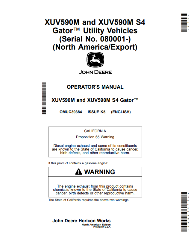 JOHN DEERE XUV590M AND XUV590M S4 GATOR™ UTILITY VEHICLES OPERATOR MANUAL OMUC39384