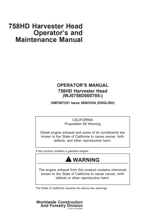 JOHN DEERE 758HD HARVESTER HEAD OPERATOR AND MAINTENANCE MANUAL OMF067251