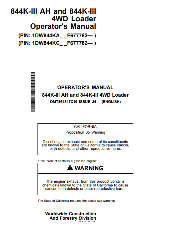 JOHN DEERE 844K-III AH AND 844K-III 4WD LOADER OPERATOR MANUAL OMT364547X19