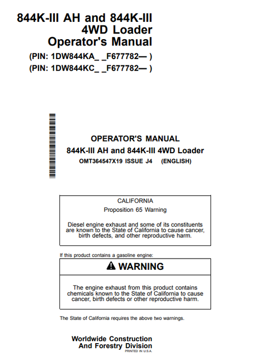JOHN DEERE 844K-III AH AND 844K-III 4WD LOADER OPERATOR MANUAL OMT364547X19