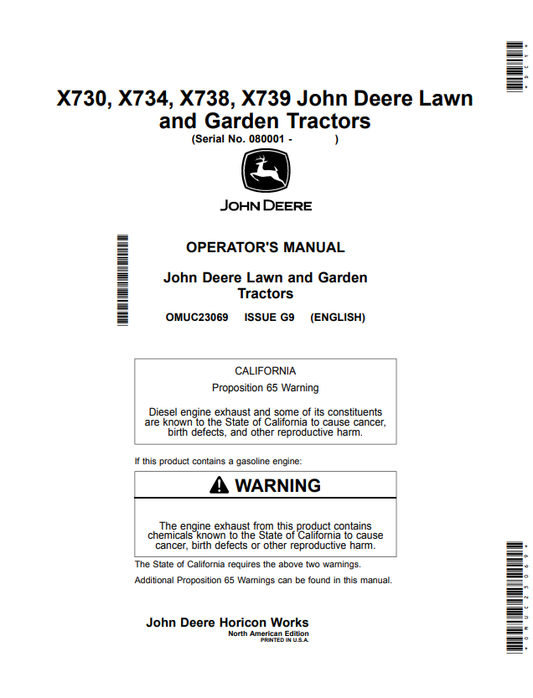 JOHN DEERE X730, X734, X738, X739 LAWN AND GARDEN TRACTOR OPERATOR MANUAL OMUC23069