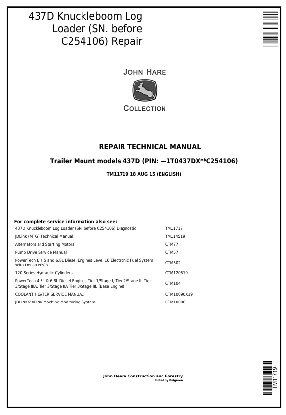 JOHN DEERE 437D MOUNT LOG LOADER REPAIR TECHNICAL MANUAL TM11719