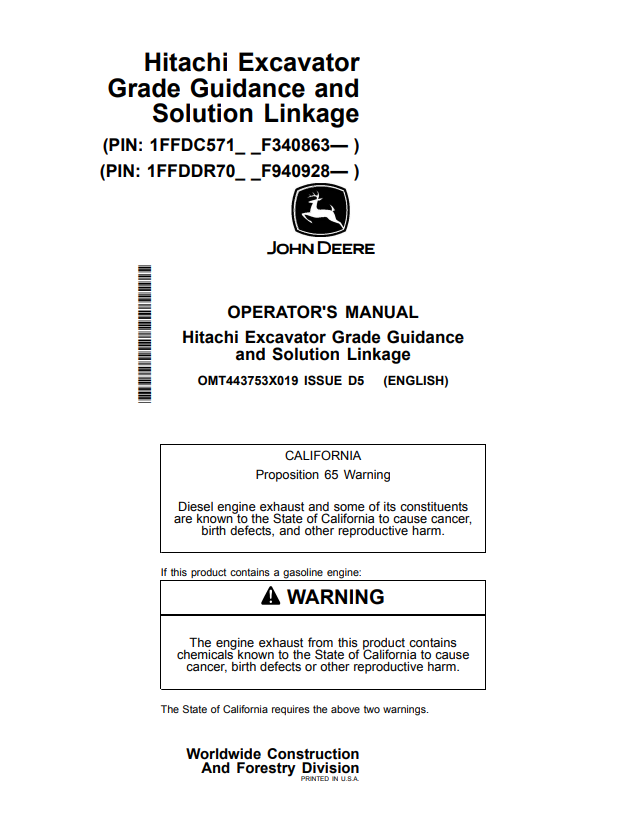 JOHN DEERE, HITACHI ZAXIS 210LC-6N, 350LC-6N EXCAVATOR GRADE GUIDANCE AND SOLUTION LINKAGE OPERATOR MANUAL OMT443753X019