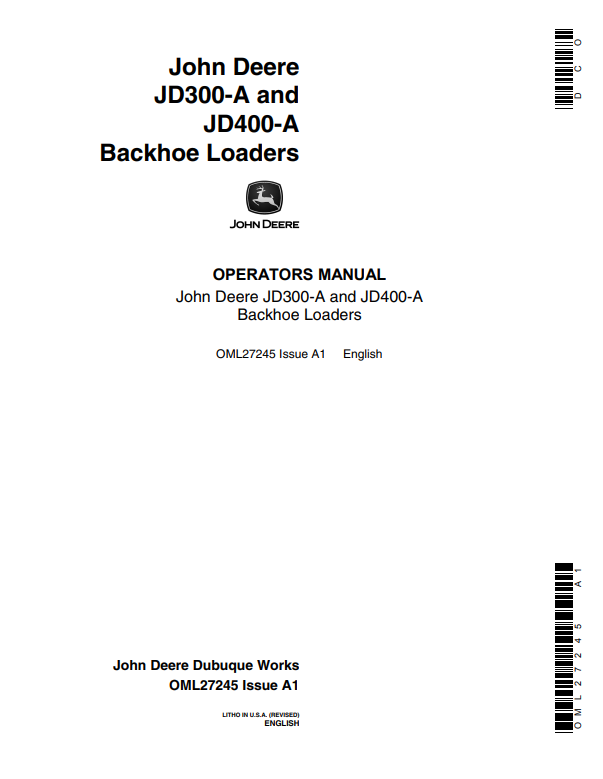 JOHN DEERE JD300-A AND JD400-A BACKHOE LOADER OPERATOR MANUAL OML27245