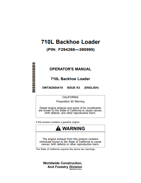 JOHN DEERE 710L BACKHOE LOADER OPERATOR MANUAL OMT362654X19