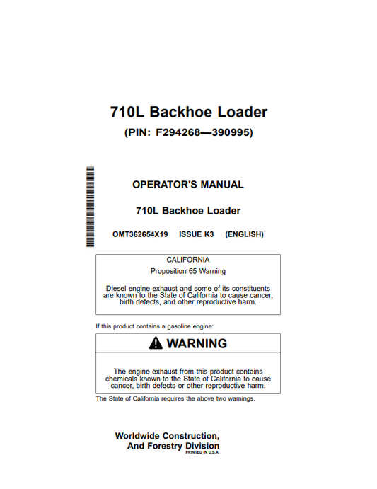 JOHN DEERE 710L BACKHOE LOADER OPERATOR MANUAL OMT362654X19