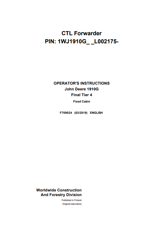 JOHN DEERE 1910G FINAL TIER 4 FIXED CABIN OPERATOR MANUAL F709024