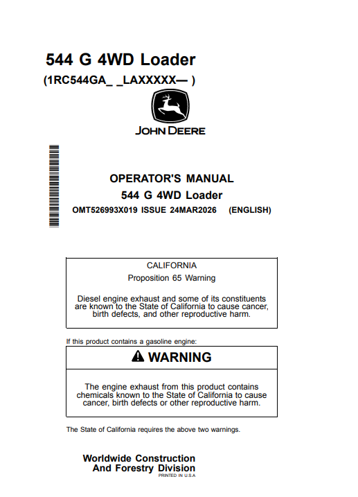 JOHN DEERE 544 G 4WD LOADER OPERATOR MANUAL OMT526993X019