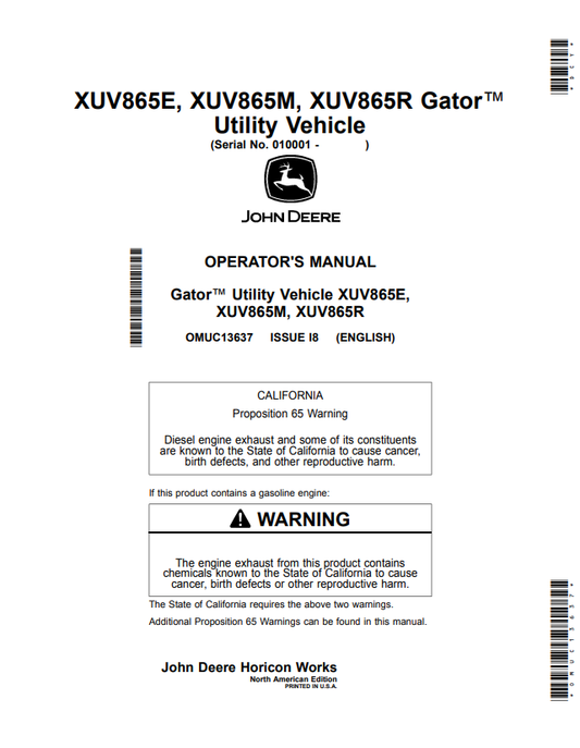 JOHN DEERE XUV865E, XUV865M, XUV865R GATOR™ UTILITY VEHICLE OPERATOR MANUAL OMUC13637