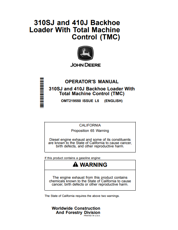 JOHN DEERE 310SJ AND 410J BACKHOE LOADER WITH TOTAL MACHINE CONTROL (TMC) OPERATOR MANUAL OMT219550