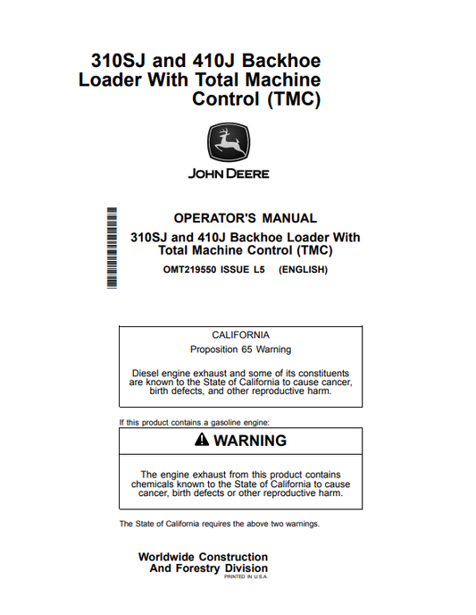 JOHN DEERE 310SJ AND 410J BACKHOE LOADER WITH TOTAL MACHINE CONTROL (TMC) OPERATOR MANUAL OMT219550
