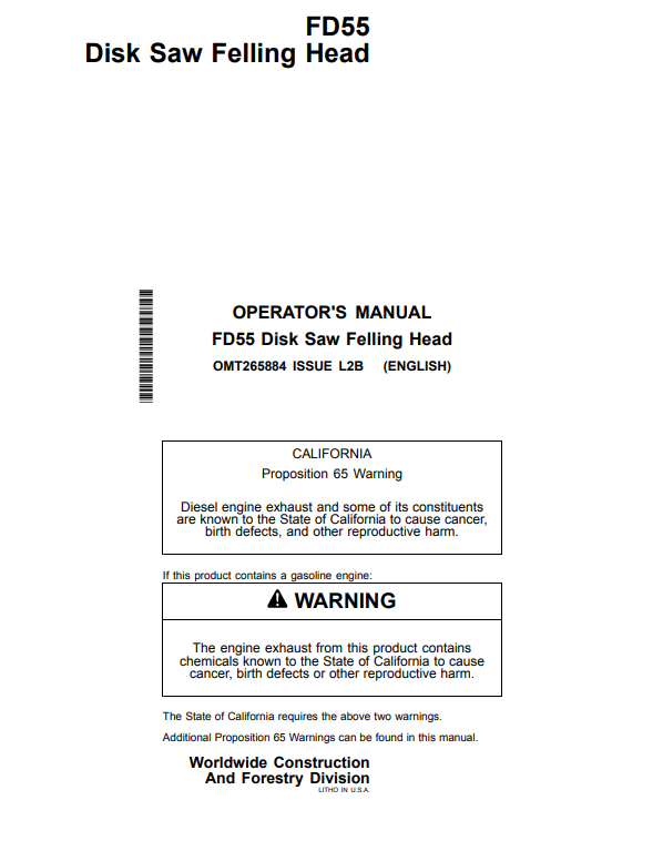 JOHN DEERE FD55 DISK SAW FELLING HEAD OPERATOR MANUAL OMT265884